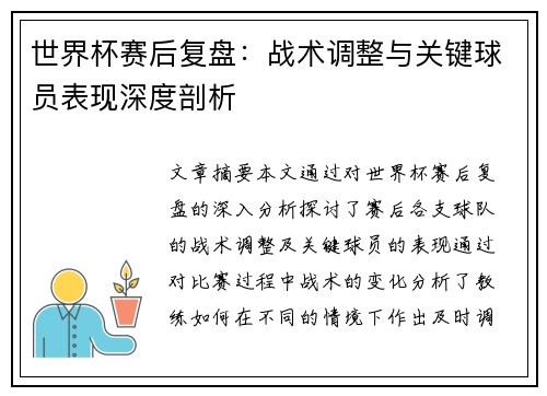 世界杯赛后复盘：战术调整与关键球员表现深度剖析