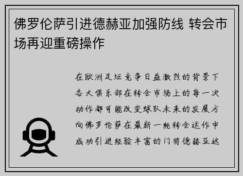 佛罗伦萨引进德赫亚加强防线 转会市场再迎重磅操作